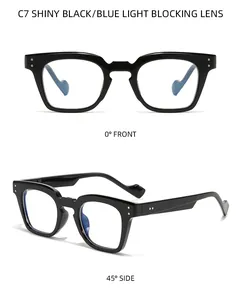 Front and side views of shiny black retro square glasses with blue light blocking lenses
