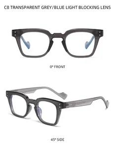 Vintage square frame glasses in transparent grey with blue light blocking lenses.
