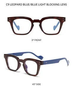Detailed view of C9 leopard blue glasses with blue light blocking lenses from two angles.