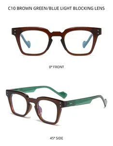 Detail of retro square brown and green frames with blue light blocking lenses