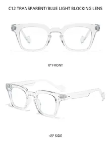 Front and side views of retro square transparent blue light blocking glasses