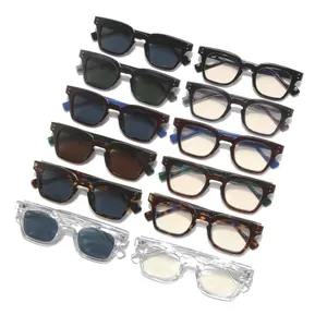 Collection of retro square frame sunglasses and clear lens glasses in various colors