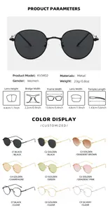 Especificaciones técnicas completas y opciones de color para gafas de sol redondas retro KV3402