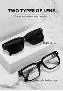 Vista detallada de gafas cuadradas con lentes UV400 y filtro de luz azul