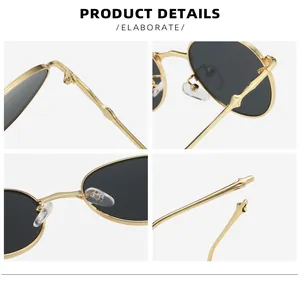 Vistas macro detalladas de bisagras y almohadillas de gafas de sol redondas de metal oro