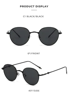 Vistas detalladas frontal y lateral de 45 grados de gafas de sol redondas de metal negro con protección UV