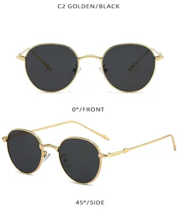 Vistas frontal y lateral de gafas de sol retro redondas de metal dorado con lentes negras.