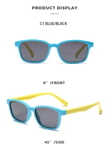 Vorder- und Seitenansicht der blauen polarisierten quadratischen Kindersonnenbrille.