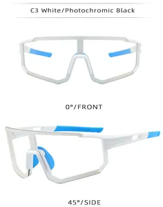 Detailed views of white photochromic cycling sunglasses from front and side angles.