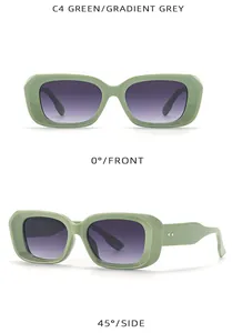 Vistas frontal y lateral a 45 grados de gafas de sol de diseño verdes con lentes gris degradado