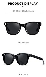 Detailed display of black square frame sunglasses from front and side view angles