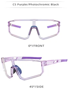 Cycling glasses with purple frame and photochromic lenses shown from multiple angles
