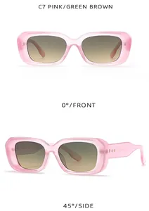 Gafas de sol rectangulares rosa translúcido con lentes degradadas, vista frontal y lateral