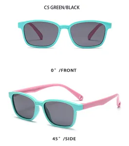 Vorder- und Seitenansicht der quadratischen Kinder-Polbrille in Minzgrün und Rosa.