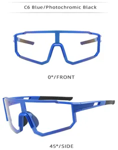 Detail view showing front and side angles of blue frame photochromic cycling sports glasses