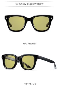 Front and side views of stylish square black frame sunglasses with yellow lenses.