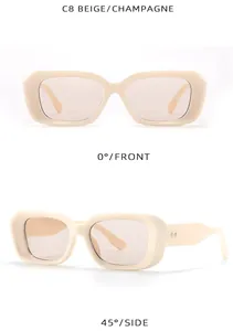 Vistas frontales y laterales de gafas de sol de plástico beige con protección UV