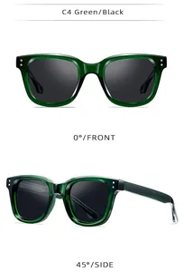 Detailed front and side view of deep green propionate square sunglasses with black lenses
