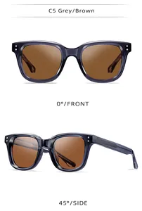 Square frame sunglasses in grey translucent finish with brown lenses seen from two angles