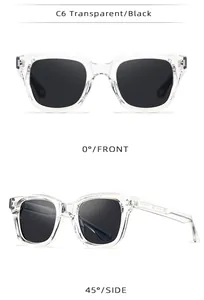 Front and side detail views of square transparent black sunglasses with UV protection