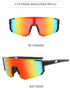 Front and 45-degree side views of matte black cycling glasses with red mirror lens