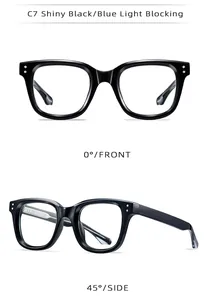 Detailed front and side views of shiny black square frame blue light blocking glasses