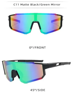 Front and side views of matte black sports cycling glasses with green mirror lens detail