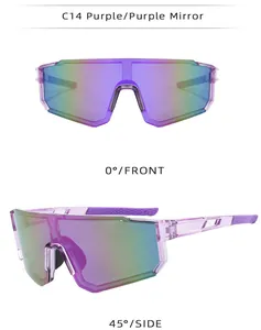 Purple mirror cycling sunglasses with windproof sports frame shown from two angles