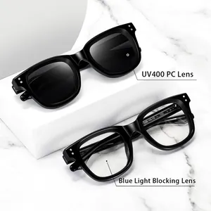 Square frame black sunglasses and blue light blocking glasses with UV400 protection.