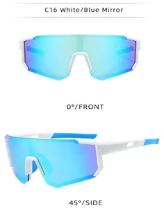 Front and side view of white frame cycling sunglasses with blue mirrored lenses