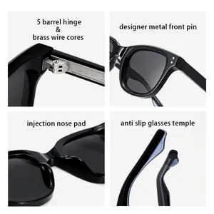 Detail shots of premium square sunglasses showing 5 barrel hinge and anti-slip temples