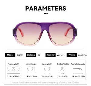 Especificaciones detalladas de gafas de sol degradadas moradas de gran tamaño para mujer.