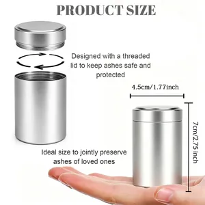 Small silver aluminum memorial urn with threaded lid, 4.5x7cm size for funeral ashes