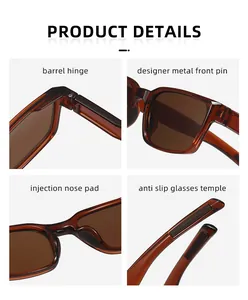 Detailansicht der braunen rechteckigen Sonnenbrille: Scharnier, Nasenpad und rutschfeste Bügel.