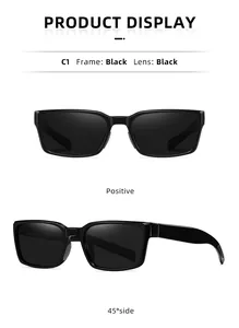 Detailansicht der schwarzen rechteckigen Sonnenbrille von vorne und von der Seite