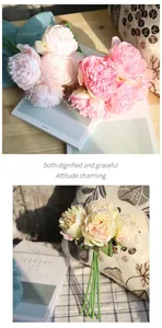 Realistic cream and pink artificial 5-head peony bouquets in natural sunlight decor
