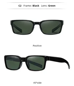 Vorder- und 45-Grad-Seitenansicht der schwarzen quadratischen Sonnenbrille mit grünen Gläsern.