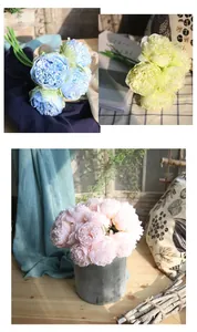 Close-up showing colorful five-head artificial peony bouquets in elegant home settings