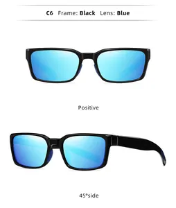 Rechteckige Herren-Sonnenbrille mit schwarzem Rahmen und blauen Spiegelgläsern in zwei Ansichten