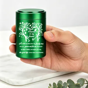 Elegant green aluminum pet memorial urn with heart-shaped tree and commemorative poem