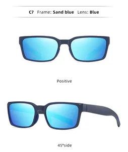 Detailansichten einer rechteckigen polarisierten Herren-Sonnenbrille mit blauen Gläsern
