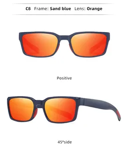 Detaillierte Vorder- und Seitenansicht mit orangefarbenen Gläsern und blauem Rahmen