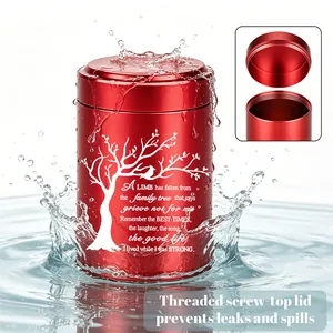 Detail view of red aluminum cremation urn with waterproof threaded lid for ashes.