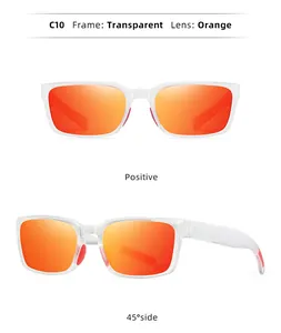 Detailansicht rechteckiger Sonnenbrille mit transparentem Rahmen und orangefarbenen Gläsern