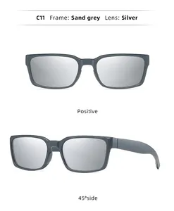Detailansicht der rechteckigen Sonnenbrille in Sandgrau mit silbernen Gläsern aus zwei Winkeln
