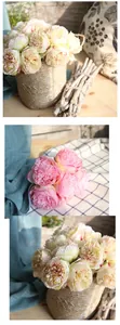 Macro detail view showing textures of artificial peony bouquets in rustic home settings