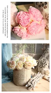 Detailed macro view of lifelike artificial 5-head peony bouquet in woven basket decor