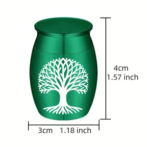 Detailed dimensions of small green aluminum pet urn with tree of life design