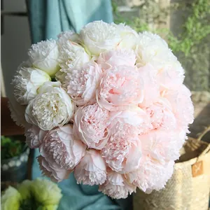 Elegant artificial 5-head peony bouquet in white and soft pink, perfect for home decor.