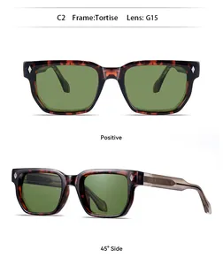 Vista detallada de gafas de sol cuadradas de carey con lentes verdes G15 y tachuelas